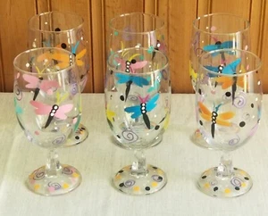 Set of 6 Dragonfly Hand Painted Glass Wine Iced Tea Water Goblets Signed - Picture 1 of 9