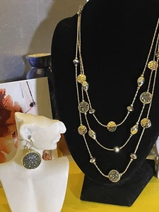 Vtg NY Triple Layer Gold Tone Disc W/Crystals Necklac Necklace & Lc Earrings ! - Picture 1 of 4
