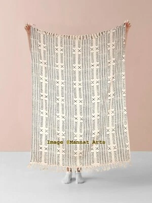 Handloomed Mud Cloth Throw Blanket Tassel Indian Quilt Hand Block Printed Throw  - Image 1 of 4