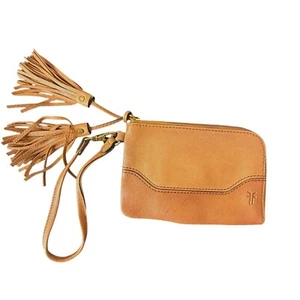FRYE Paige Cognac Brown Leather Tassel Zipper Pouch Wallet Wristlet BOHO - Picture 1 of 13