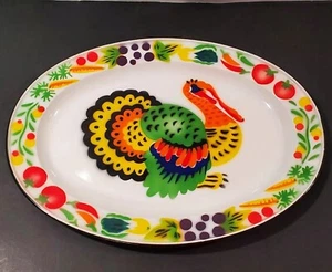 Enameled Metal Colorful Turkey Tray Platter Enamelware Vintage Thanksgiving - Picture 1 of 4