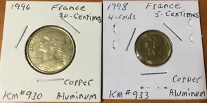 2 COINS OF FRANCE, 1998 5 CENTIME & 1996 20 CENTIME COINS - Picture 1 of 5