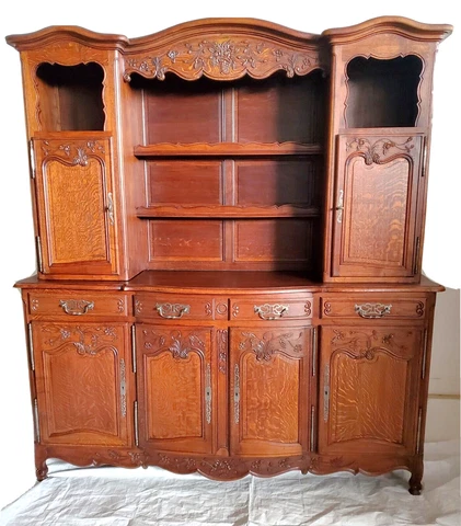 Country French Louis XV Oak Buffet Cupboard Cabinet with Floral Basket Carving Cover