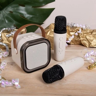 LESSER & PAVEY Tragbarer Bluetooth Lautsprecher Beige Karaoke Maschine mit 2 Mikrofonen Farbwechsel