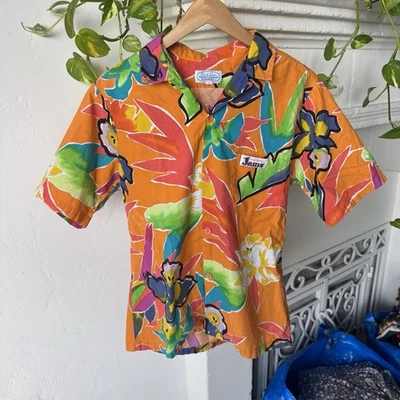 Camisa de Algodón Vintage Jams World Hawaiana Floral Cuello Lazo Años 80 Talla Pequeña Años 80 Foto 1 de 4