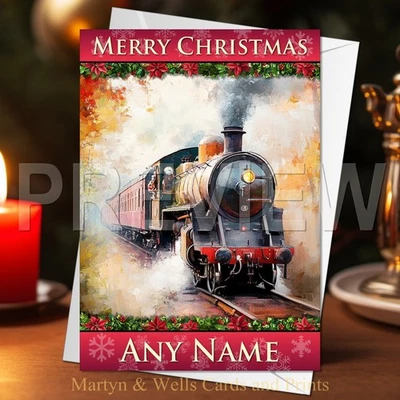 MARTYN & WELLS Steam Train Christmas card. 5x7 inches. Xmas. Personalised card, plus envelope.