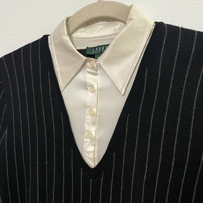 Lauren Ralph Lauren女式丝绸羊绒分层领细条纹毛衣L — 第 1/4 张图片