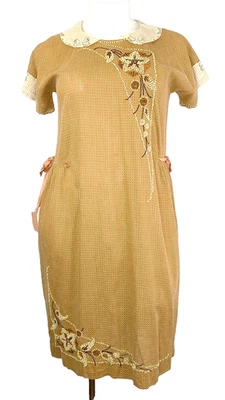 Antique vintage 1920s embroidered dress L XL brown white floral collar midi - Image 1 of 4
