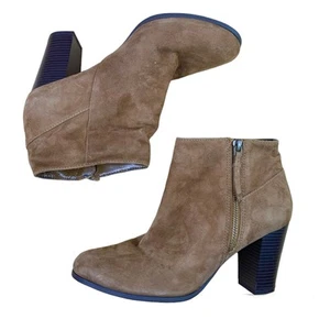 Cole Haan Davenport Boots 8 Suede Leather Booties Ankle Tan Brown Block Heel Zip - Picture 1 of 7