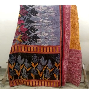 Indian Handmade Vintage Kantha Quilt Reversible Bedspread Single Cotton Coverlet - Picture 1 of 4