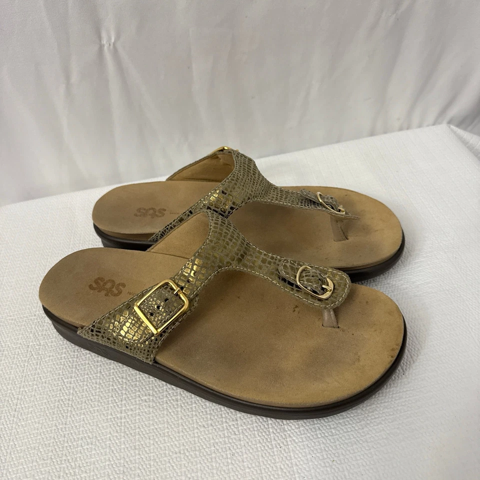 SAS Sandals Womens 8 M Comfort Sanibel Gold Metallic Leather Slip On Thong - Image 1 of 4
