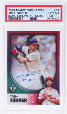 2023 Topps Transcendent Collection Trea Turner Icons Chrome Auto Red /5 PSA 10 - Image 1 of 2