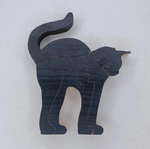 Handmade Wooden Black Cat Jigsaw Cut Wood Puzzle 6 Pieces - Picture 1 of 13