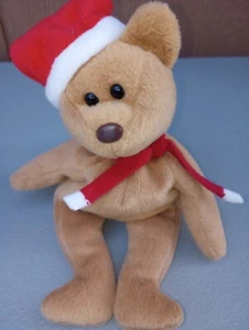 TY Beanie Babies-1997 Holiday Teddy Brown Bear with Red Santa Hat and Scarf - Picture 1 of 9