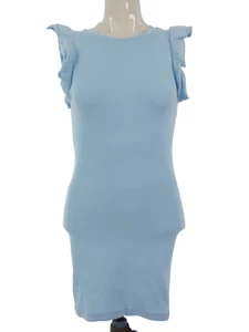 Zara Bodycon Dress Baby Blue Ribbed Stretch Cotton Ruffled Sleeve size S BNWT - Picture 1 of 18