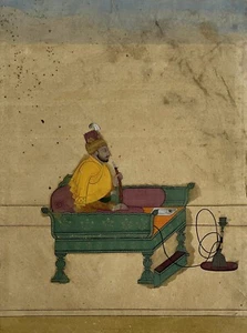 Indian Mughal- Maharaja with Hukka Handmade Miniature Portrait Painting on Paper - Picture 1 of 3