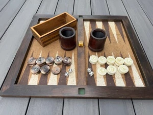 Huge Wooden Backgammon Board 1.75" Crisloid Brown White Swirl Chips Bakelite Die - Picture 1 of 15