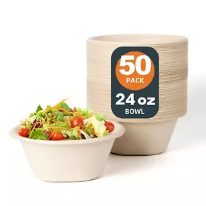 50 Pack 24 Oz Heavy Duty Disposable Paper Bowls Made From Natural Bagasse Ecof - Picture 1 of 8
