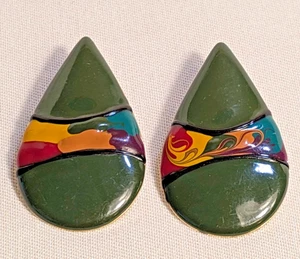 Vntg abstract earrings teardrop enamel modern swirl art design pierced post 80's - Picture 1 of 7