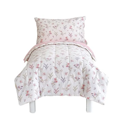 Juego de cama de 4 piezas de algodón para niños pequeños, diseño de flores y hojas rosa, S... Foto 1 de 4