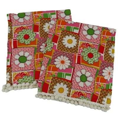 Retro 2 Cortinas Rosa Blanco Amarillo Naranja Floral Retazos Pom Pom Ribete Foto 1 de 4