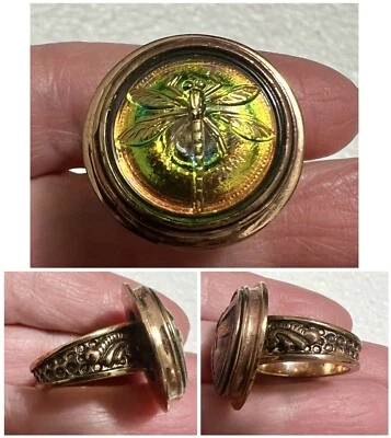 AKR Signed Amy Kahn Russell Iridescent Art Glass DRAGONFLY Bronze Ring Size 6.75 - Image 1 of 4