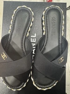 Chanel Black Fabric Braided Trim Criss Cross CC Flat Slides Size 38 - Picture 1 of 6