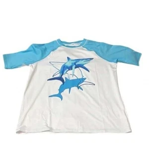 Lands' End Shark Graphic Raglan Rash Guard Sun Shirt Kids L 10-12 Husky - Picture 1 of 4
