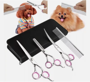 7" Professional Pet Dog Grooming Scissors Set Straight Curved Thinning Shear Kit - Picture 1 of 8