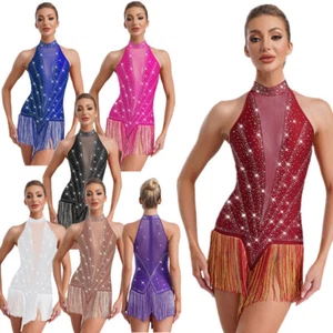 Womens Rhinestone Sleeveless Sheer Mesh Tassels Latin Dance Leotard Costume - Picture 1 of 90