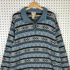 LL Bean Sweater Blue Fair Isle Nordic Mens XL Tall XLT Blue White Quarter Zip - Picture 1 of 6