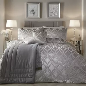 Belfort Jacquard Samt Bettbezug Luxus Silber Grau Quilt Bettwäsche Set Double - Bild 1 von 9
