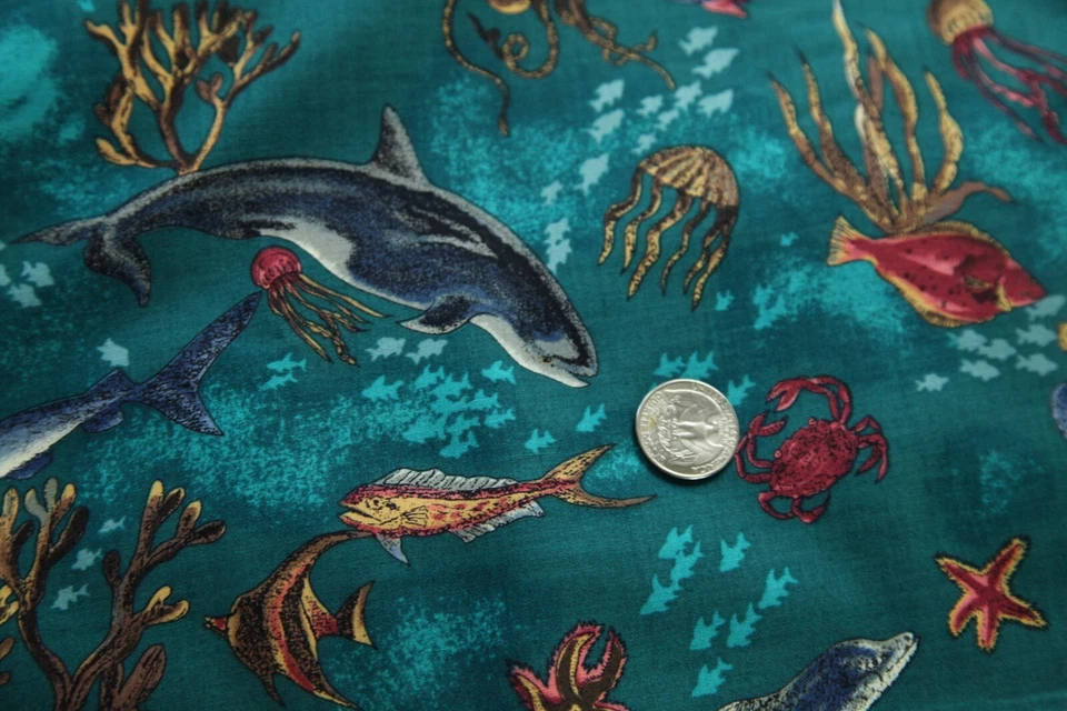 Tela Hoffman 5Y+ x 44" Vintage Wild Life Scenics océano playa peces tropicales Foto 1 de 4