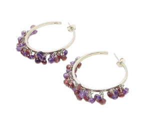 925 Sterling Silver Vintage Amethyst & Topaz Beaded Hoop Earrings EG8939 - Picture 1 of 3