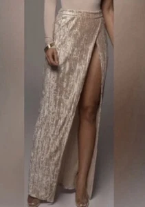 J Lux Label Size Small Velvet Pleated Champagne Hi Leg Slit Maxi Skirt - Picture 1 of 7