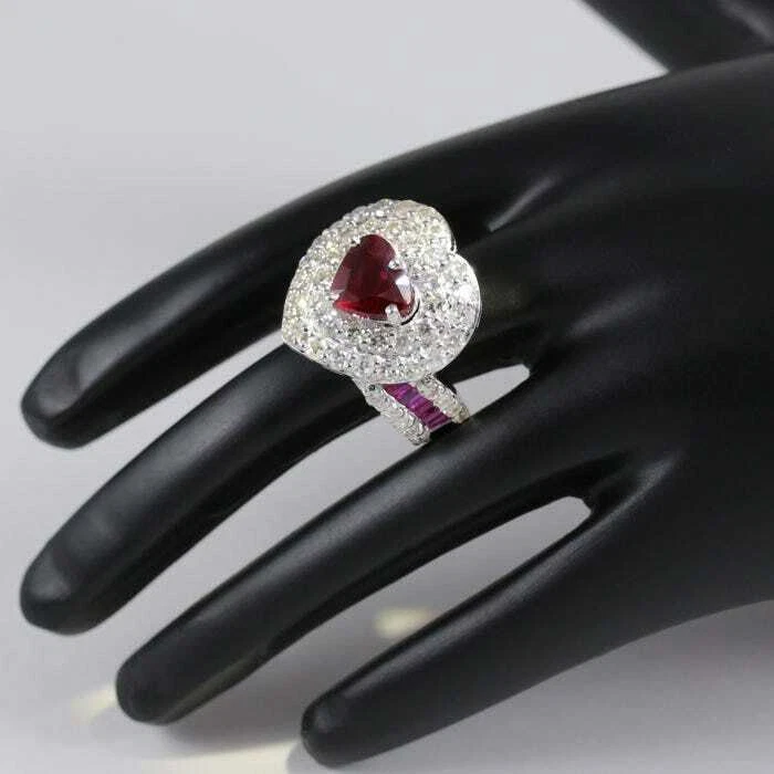 Heart Cut Red 2.11CT Ruby, White 2.84CT CZ & Pink Baguette Cut Sapphire Ring - Image 1 of 4