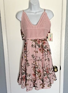 NWT Tea-Cola V-Neck Crochet Lined Strap Sleeveless Open Back Midi Dress Pink - Picture 1 of 6