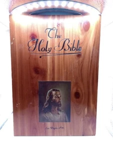 Vintage Cedar Wood Holy Bible Case W/ Engraved Titlle And Front Picture - Picture 1 of 3
