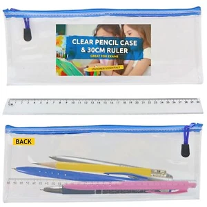 Clear Pencil Case 31cmx12cm Big Large Boys Girls Exam + Kids Plastic Ruler 30cm - Picture 1 of 7