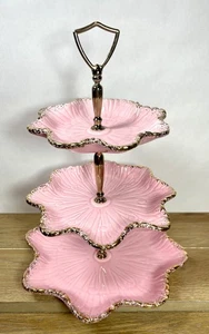 Vintage Kalifornien USA Keramik rosa und Blattgold 3-stufiges Keramik Leckerbissen Tablett #T-14 - Bild 1 von 9