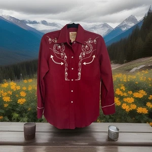 Vintage H BAR C Chatsworth Red Western Embroidered Shirt Pearl Snap Cowboy 36 - Picture 1 of 11