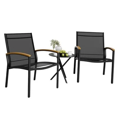  Juegos de 3 Piezas Patio Bistro, Exterior Textilene Tela Conversación Bistro Negro Foto 1 de 4