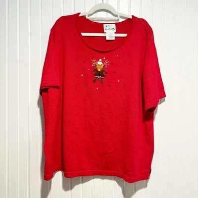 Vintage Quacker Factory Red Reindeer Christmas Sweater Short Sleeve Plus Size 3X - Image 1 of 4