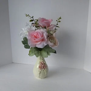 Cottage Core Pink Rose Porcelain Vase Pink Artificial Rose Arrangement - Picture 1 of 7
