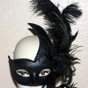 VENETIAN Mardi Gras Masquerade Ball Womens BLACK SWAN MASK with FEATHERS New - Picture 1 of 1