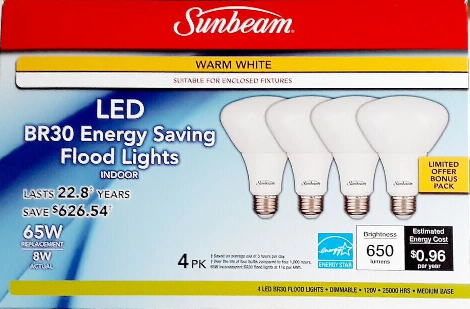 Sunbeam (4-PACK) LED BR30 Flood light Bulbs - 8 Watt - 65 W Replacement - NEW - Image 1 of 1