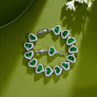 Luxury Silver Plated Cubic Zirconia Heart Chain Tennis Bracelet for Women Bridal Foto 1 de 4