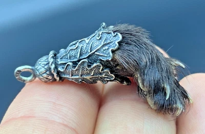German 835 Silver Watch Chain Fob Pendant Hunting Charivari Ferret Claw Fur - Image 1 of 4
