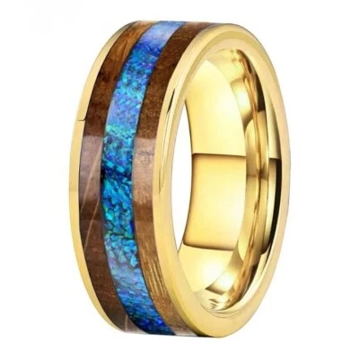 Anillo de carburo de tungsteno con incrustación de madera de barril de whisky ópalo azul de 8 mm ajuste cómodo Foto 1 de 4