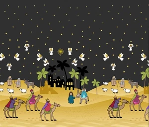 0.5 metre Away in a Manger Double Edge Border 100% Cotton Fabric 112cm wide - Picture 1 of 2